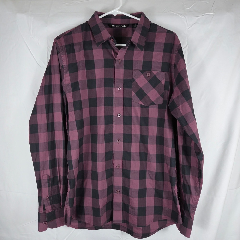 TravisMathew Mens Med Buffalo Plaid Button Down Shirt Burgundy Black Herringbone